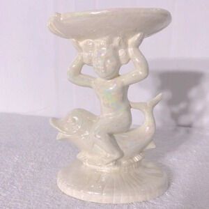 Vintage Iridescent Ceramic Cherub On A  Whale Holding A Shell Pedestal Soap Dish
